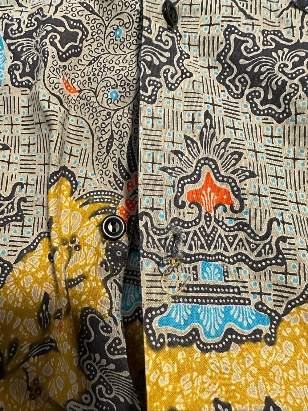 Vintage Multicolor Batik 40s 50s Short Sleeve Polo - Yellow, Gray, Blue Accents - Picture 6 of 10